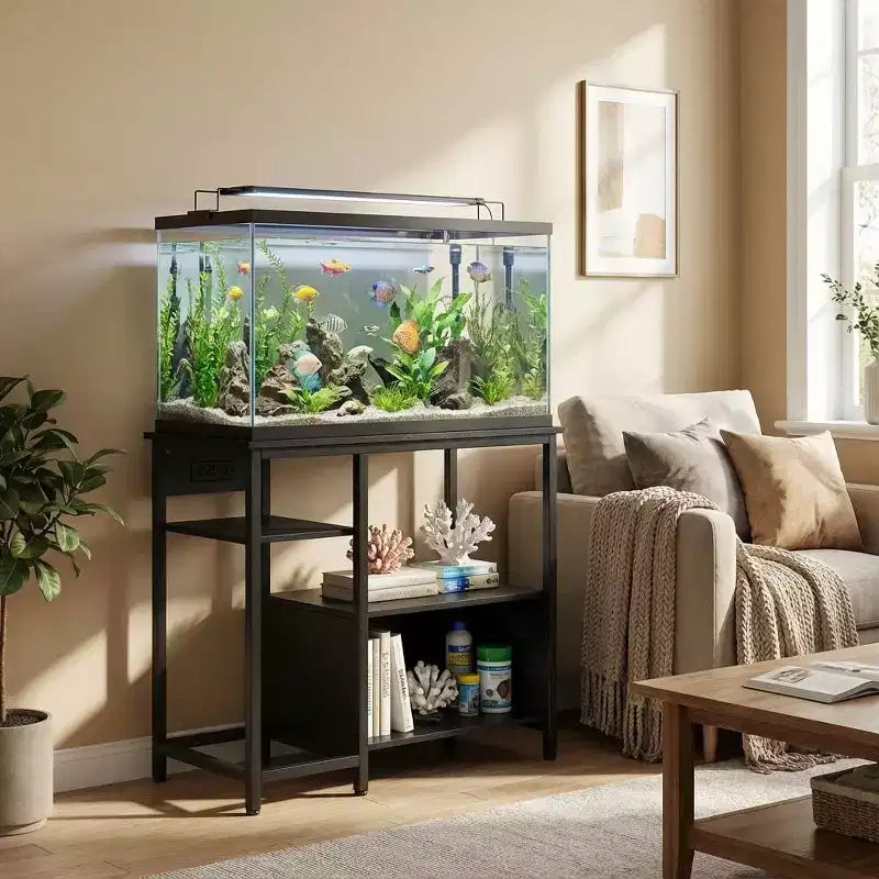 Meuble pour aquarium avec prises de courant, support d'aquarium robuste en métal et bois avec 4 étagères de rangement ouvertes et pieds solides