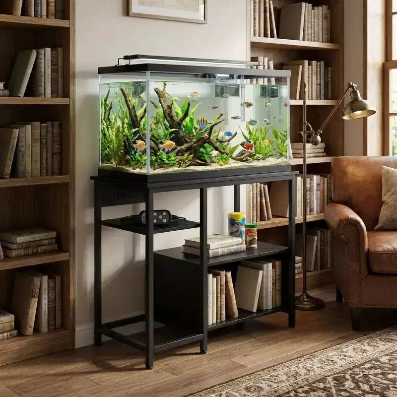 Meuble pour aquarium avec prises de courant, support d'aquarium robuste en métal et bois avec 4 étagères de rangement ouvertes et pieds solides