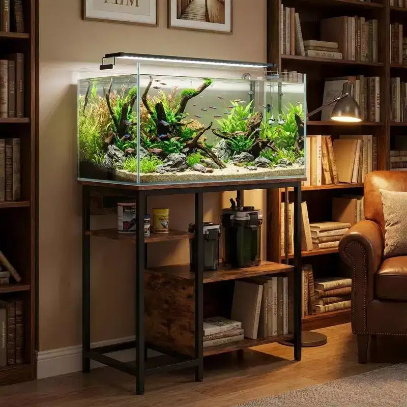 Meuble pour aquarium avec prises de courant, support d'aquarium robuste en métal et bois avec 4 étagères de rangement ouvertes et pieds solides