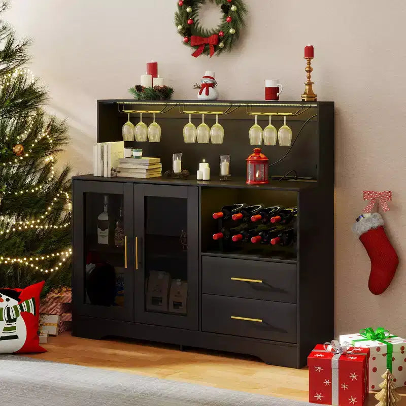 EROMMY Modern Wine Bar Cabinet With Led Lights, Coffee Bar With Wine Racks And Glass Holder, Charging Station