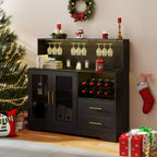 EROMMY Modern Wine Bar Cabinet With Led Lights, Coffee Bar With Wine Racks And Glass Holder, Charging Station
