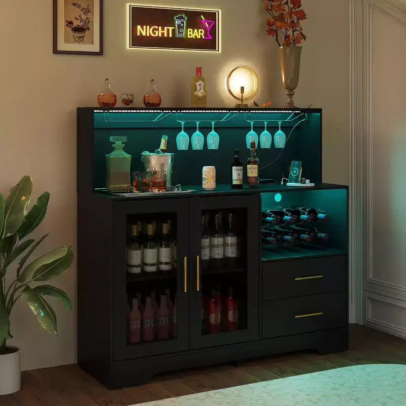 Meuble de Bar à Vin Moderne avec Lumières LED, Bar à Café avec Range-Bouteilles et Porte-Verres, Station de Charge