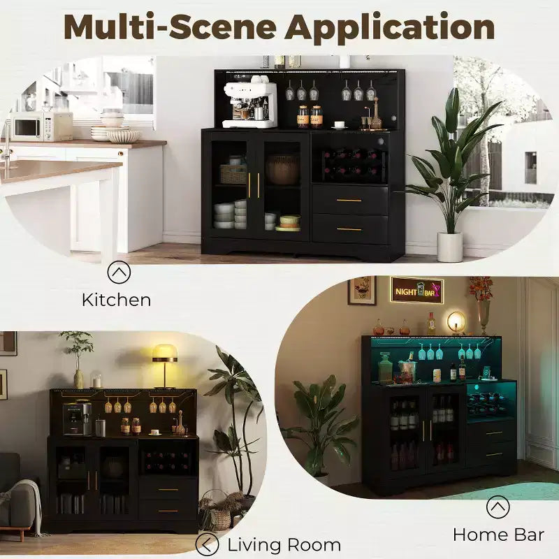 Meuble de Bar à Vin Moderne avec Lumières LED, Bar à Café avec Range-Bouteilles et Porte-Verres, Station de Charge