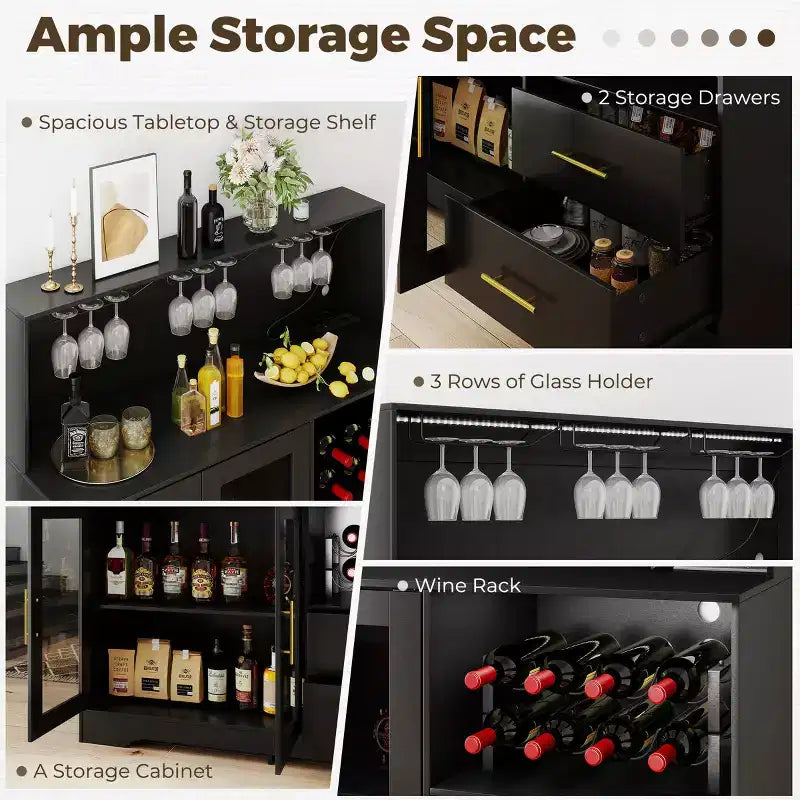 Meuble de Bar à Vin Moderne avec Lumières LED, Bar à Café avec Range-Bouteilles et Porte-Verres, Station de Charge