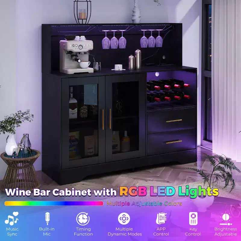 Meuble de Bar à Vin Moderne avec Lumières LED, Bar à Café avec Range-Bouteilles et Porte-Verres, Station de Charge