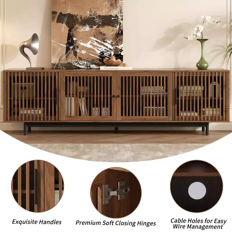 Meuble TV moderne de 78 pouces avec rangement fermé et charnières à fermeture douce