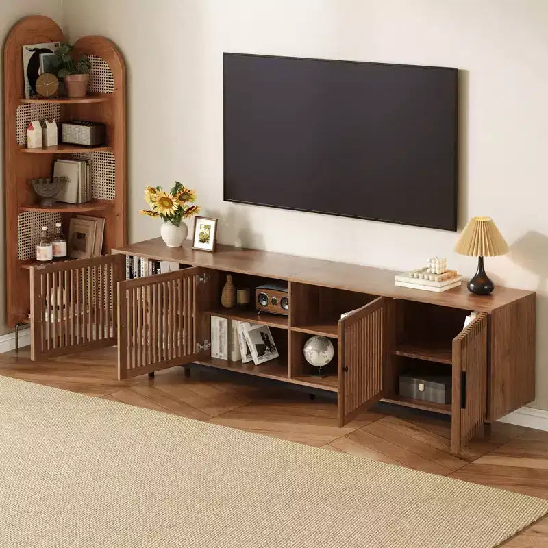 Meuble TV moderne de 78 pouces avec rangement fermé et charnières à fermeture douce
