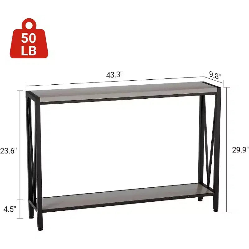 Console 2 étagères de style industriel, Table d'entrée étroite en métal de 109 cm, Table d'appoint de canapé pour salon