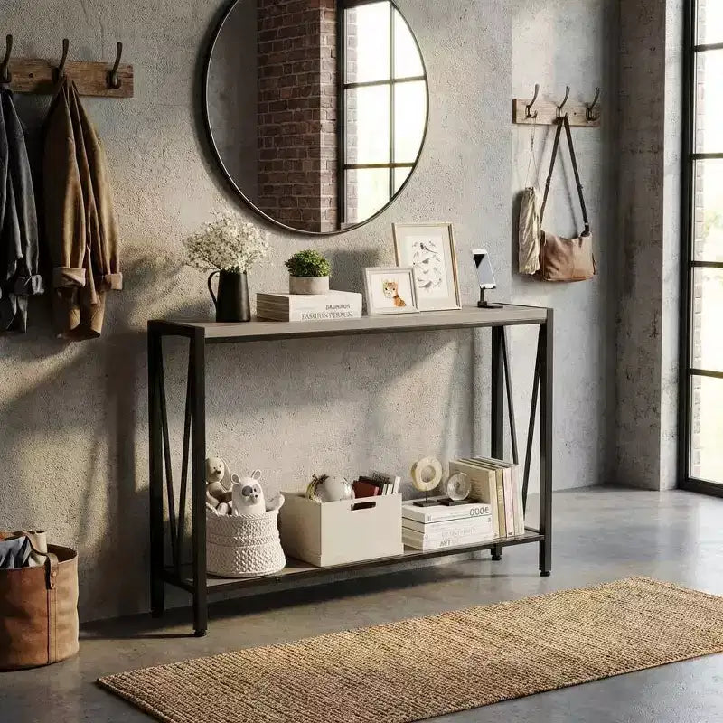 Console 2 étagères de style industriel, Table d'entrée étroite en métal de 109 cm, Table d'appoint de canapé pour salon