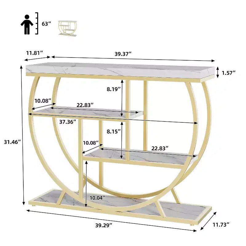 Console de table style industriel et ferme pour entrée - 39" de large, demi-cercle en métal, 3 étagères de rangement - Meuble de salon et de couloir