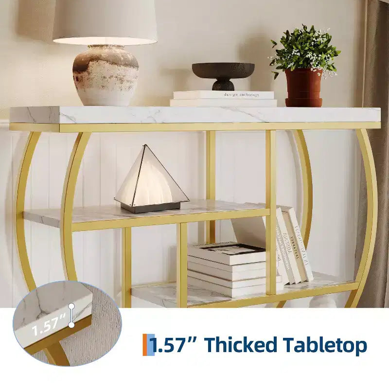 Console de table style industriel et ferme pour entrée - 39" de large, demi-cercle en métal, 3 étagères de rangement - Meuble de salon et de couloir