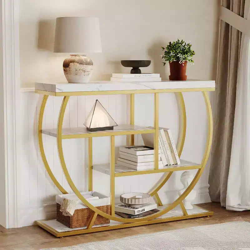 Console de table style industriel et ferme pour entrée - 39" de large, demi-cercle en métal, 3 étagères de rangement - Meuble de salon et de couloir