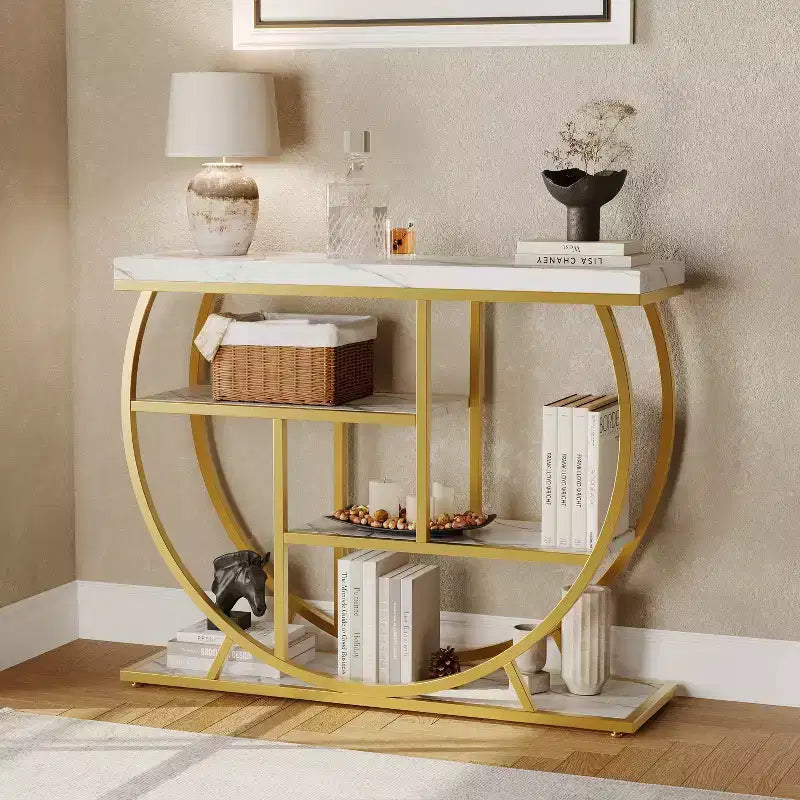Console de table style industriel et ferme pour entrée - 39" de large, demi-cercle en métal, 3 étagères de rangement - Meuble de salon et de couloir