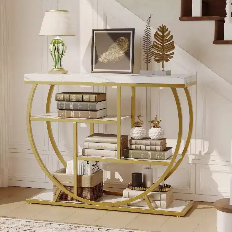 Console de table style industriel et ferme pour entrée - 39" de large, demi-cercle en métal, 3 étagères de rangement - Meuble de salon et de couloir