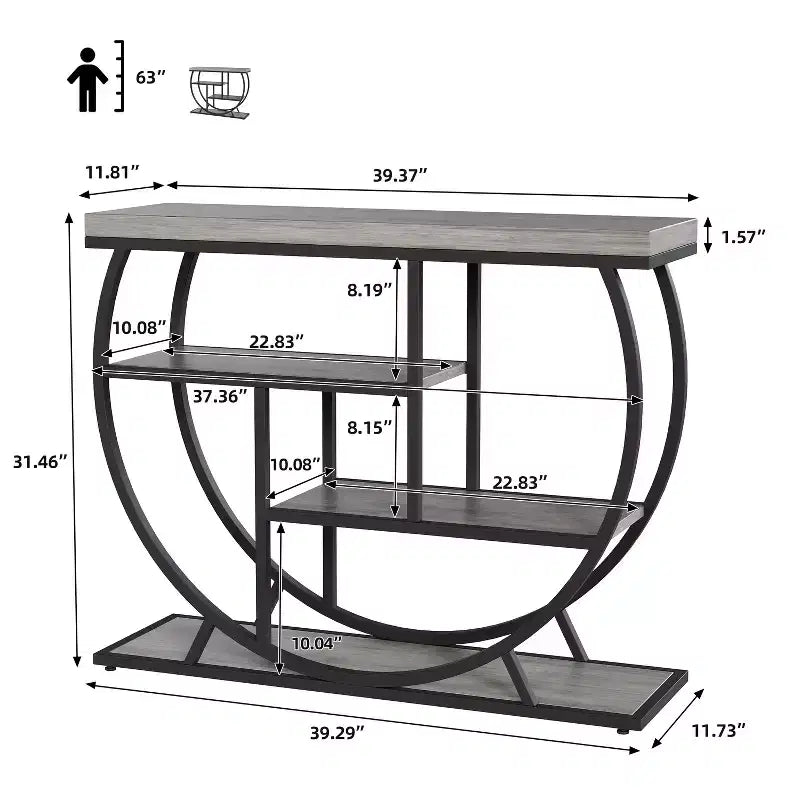 Console de table style industriel et ferme pour entrée - 39" de large, demi-cercle en métal, 3 étagères de rangement - Meuble de salon et de couloir
