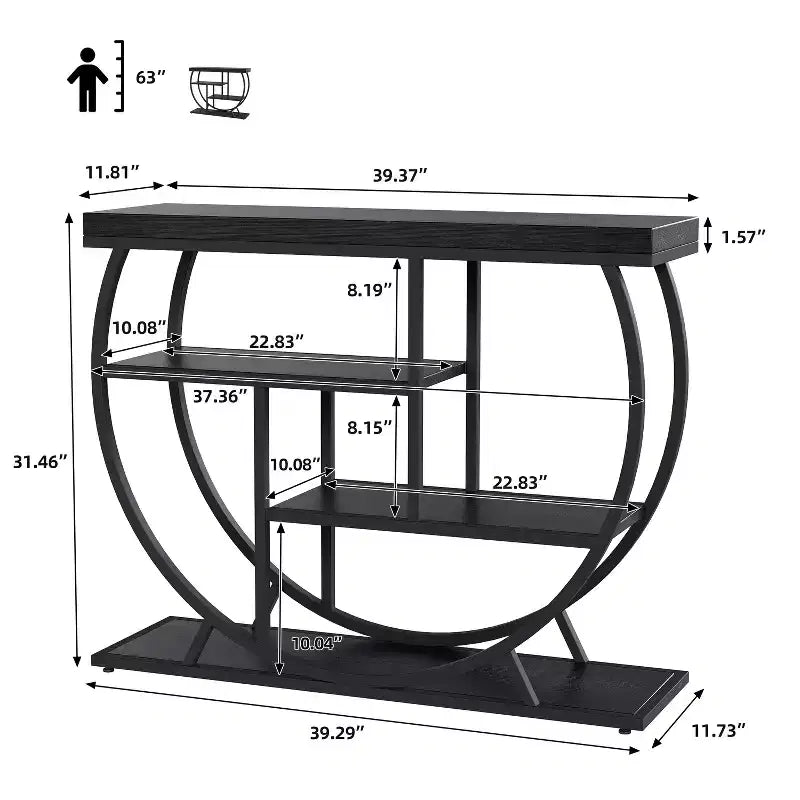 Console de table style industriel et ferme pour entrée - 39" de large, demi-cercle en métal, 3 étagères de rangement - Meuble de salon et de couloir