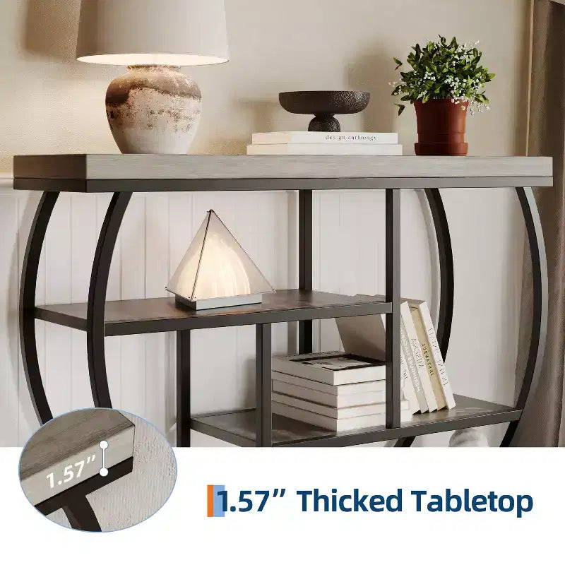 Console de table style industriel et ferme pour entrée - 39" de large, demi-cercle en métal, 3 étagères de rangement - Meuble de salon et de couloir