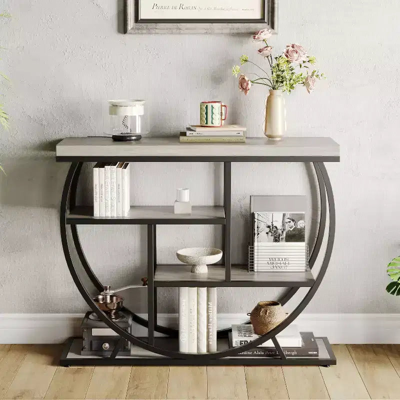 Console de table style industriel et ferme pour entrée - 39" de large, demi-cercle en métal, 3 étagères de rangement - Meuble de salon et de couloir
