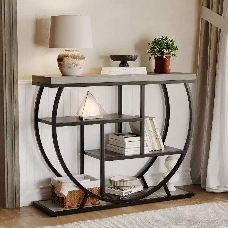 Console de table style industriel et ferme pour entrée - 39" de large, demi-cercle en métal, 3 étagères de rangement - Meuble de salon et de couloir