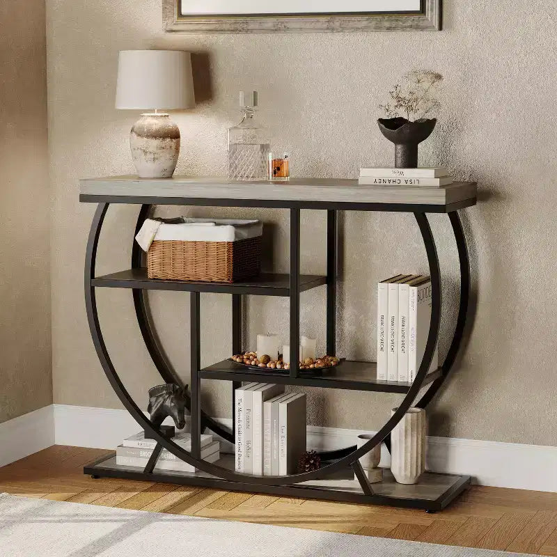 Console de table style industriel et ferme pour entrée - 39" de large, demi-cercle en métal, 3 étagères de rangement - Meuble de salon et de couloir