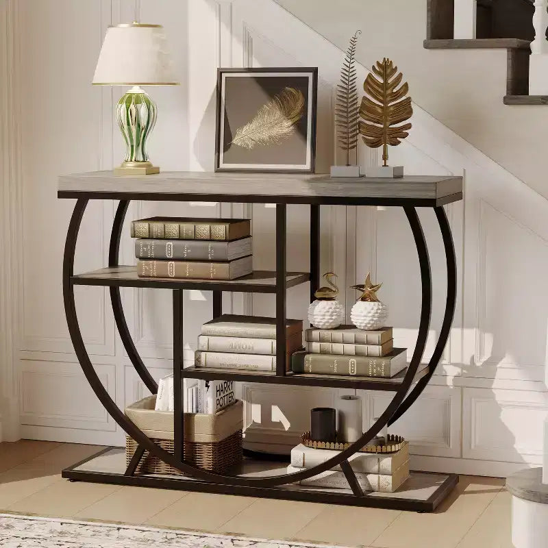 Console de table style industriel et ferme pour entrée - 39" de large, demi-cercle en métal, 3 étagères de rangement - Meuble de salon et de couloir