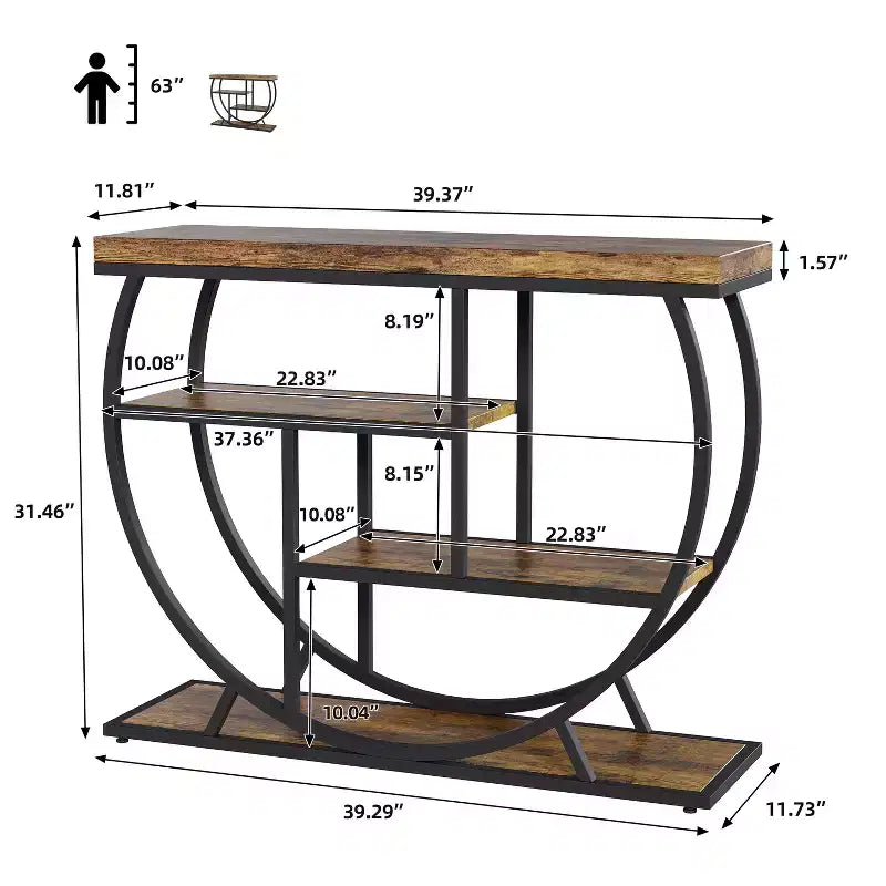 Console de table style industriel et ferme pour entrée - 39" de large, demi-cercle en métal, 3 étagères de rangement - Meuble de salon et de couloir