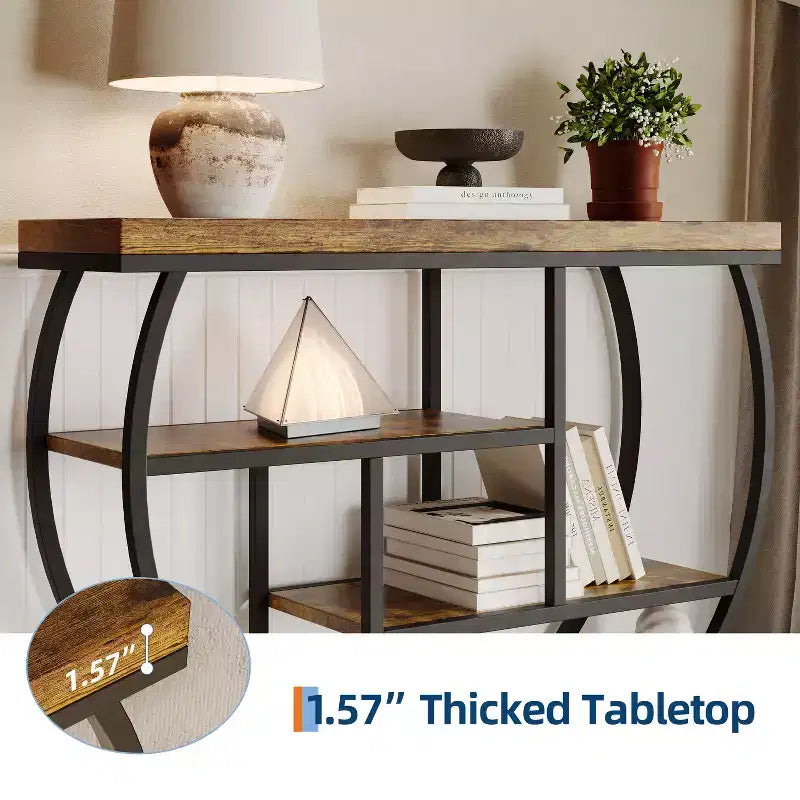 Console de table style industriel et ferme pour entrée - 39" de large, demi-cercle en métal, 3 étagères de rangement - Meuble de salon et de couloir