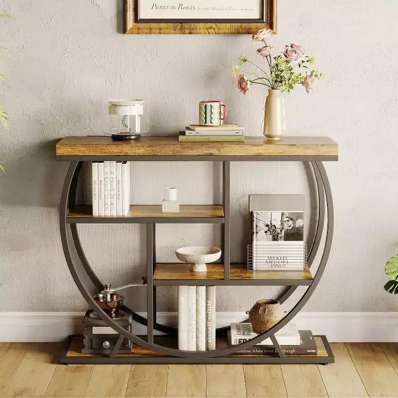 Console de table style industriel et ferme pour entrée - 39" de large, demi-cercle en métal, 3 étagères de rangement - Meuble de salon et de couloir
