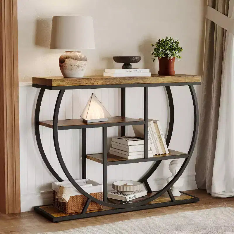 Console de table style industriel et ferme pour entrée - 39" de large, demi-cercle en métal, 3 étagères de rangement - Meuble de salon et de couloir