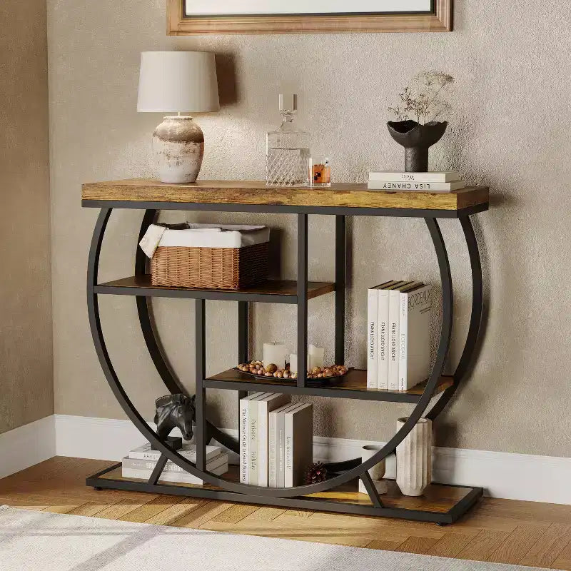 Console de table style industriel et ferme pour entrée - 39" de large, demi-cercle en métal, 3 étagères de rangement - Meuble de salon et de couloir