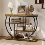 Console de table style industriel et ferme pour entrée - 39" de large, demi-cercle en métal, 3 étagères de rangement - Meuble de salon et de couloir