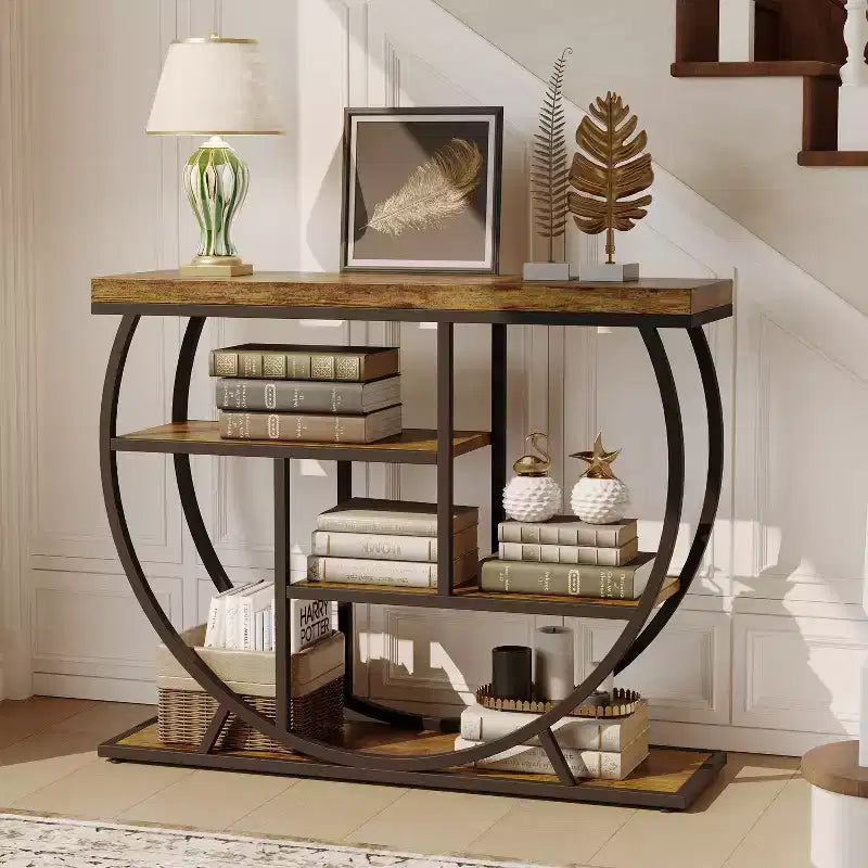 Console de table style industriel et ferme pour entrée - 39" de large, demi-cercle en métal, 3 étagères de rangement - Meuble de salon et de couloir