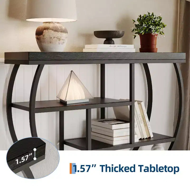 Console de table style industriel et ferme pour entrée - 39" de large, demi-cercle en métal, 3 étagères de rangement - Meuble de salon et de couloir