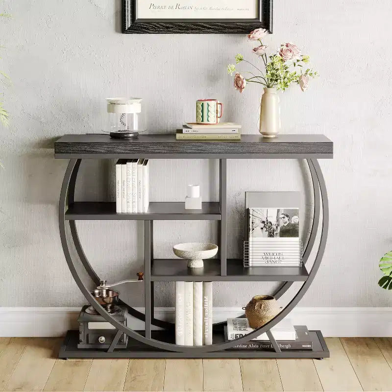 Console de table style industriel et ferme pour entrée - 39" de large, demi-cercle en métal, 3 étagères de rangement - Meuble de salon et de couloir