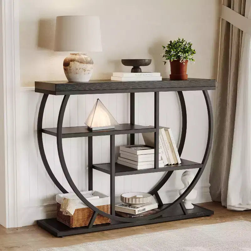 Console de table style industriel et ferme pour entrée - 39" de large, demi-cercle en métal, 3 étagères de rangement - Meuble de salon et de couloir