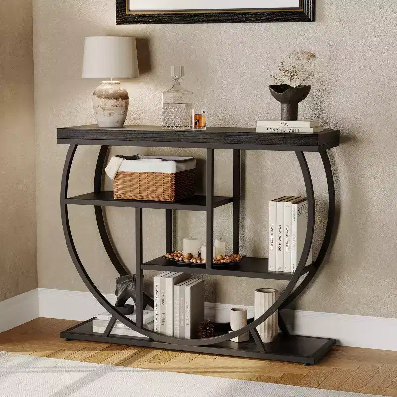 Console de table style industriel et ferme pour entrée - 39" de large, demi-cercle en métal, 3 étagères de rangement - Meuble de salon et de couloir