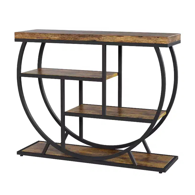 Console de table style industriel et ferme pour entrée - 39" de large, demi-cercle en métal, 3 étagères de rangement - Meuble de salon et de couloir