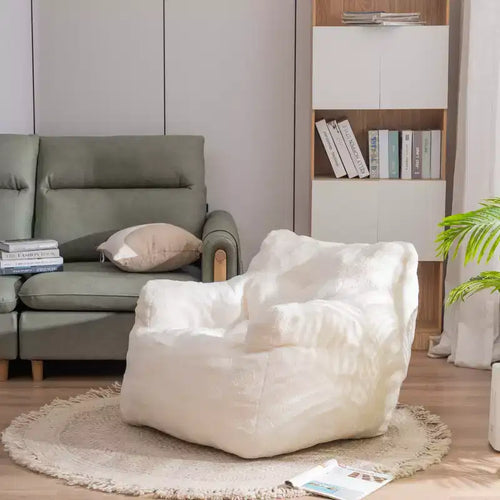 010-Fauteuil poire en mousse capitonnée en tissu peluche avec tissu peluche blanc ivoire
