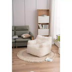 010-Fauteuil poire en mousse capitonnée en tissu peluche avec tissu peluche blanc ivoire