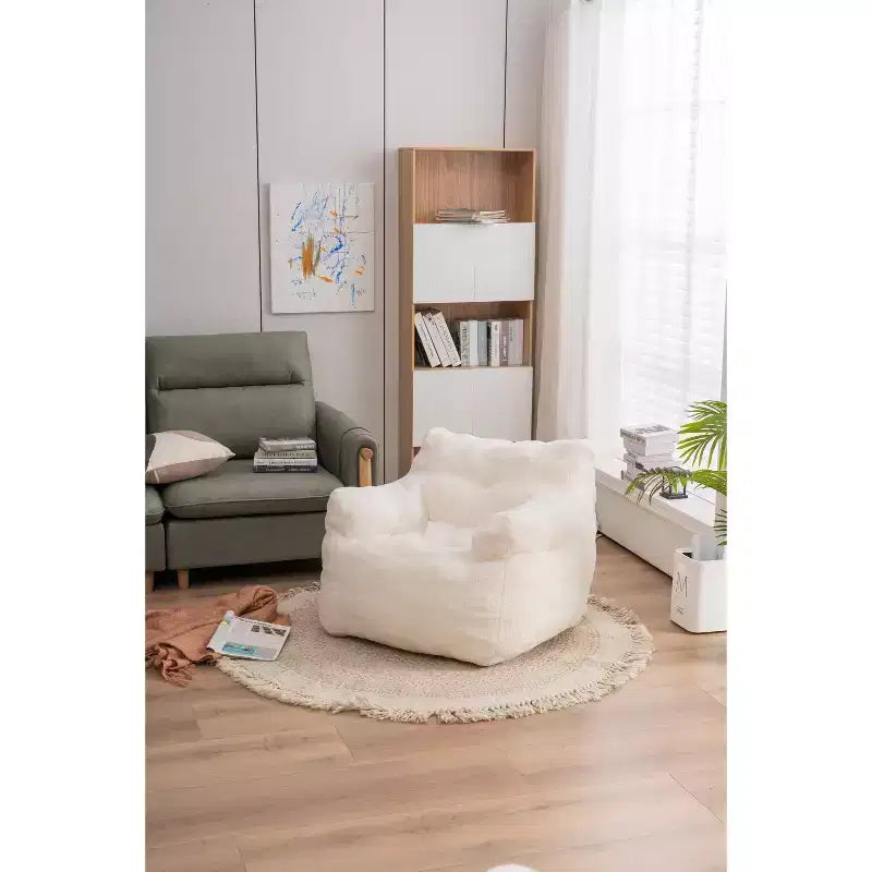 010-Fauteuil poire en mousse capitonnée en tissu peluche avec tissu peluche blanc ivoire
