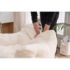 010-Fauteuil poire en mousse capitonnée en tissu peluche avec tissu peluche blanc ivoire