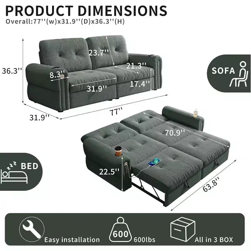 Canapé convertible moderne en chenille 77, canapé-lit escamotable avec port de chargement USB et porte-gobelet, dossier réglable, poches latérales, vert