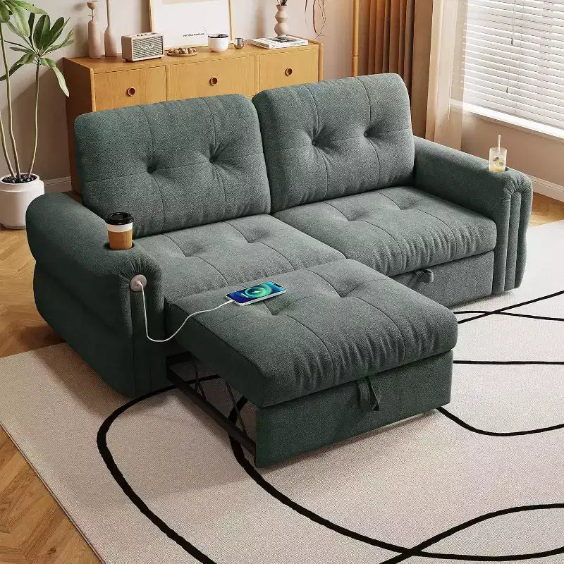 Canapé convertible moderne en chenille 77, canapé-lit escamotable avec port de chargement USB et porte-gobelet, dossier réglable, poches latérales, vert