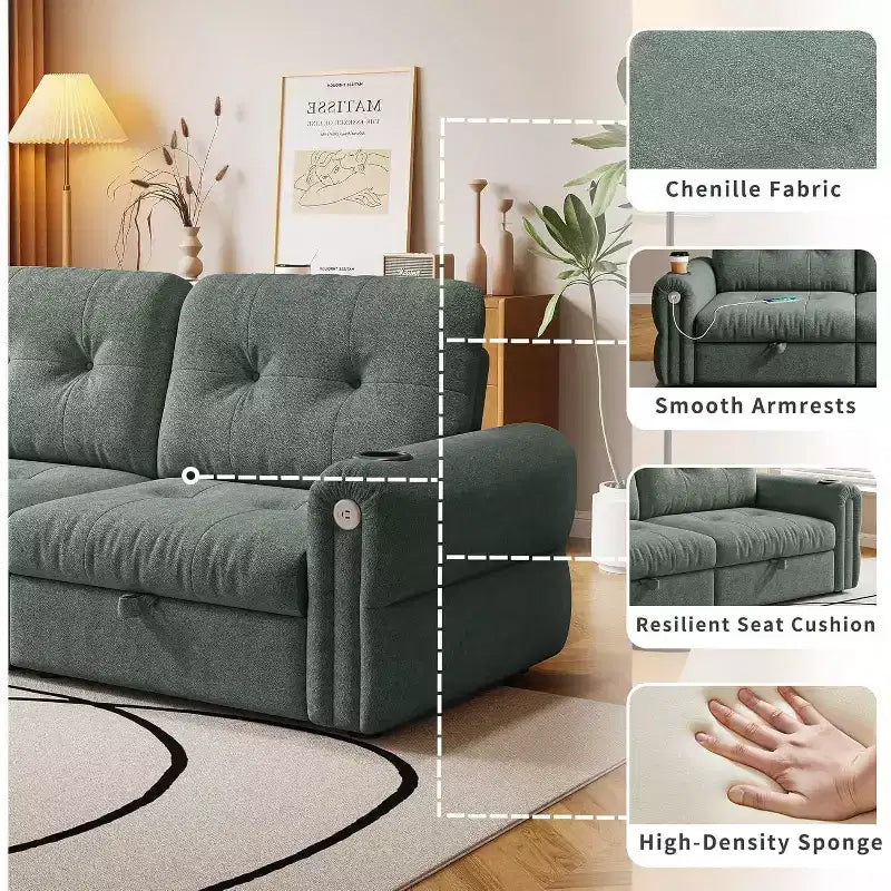 Canapé convertible moderne en chenille 77, canapé-lit escamotable avec port de chargement USB et porte-gobelet, dossier réglable, poches latérales, vert