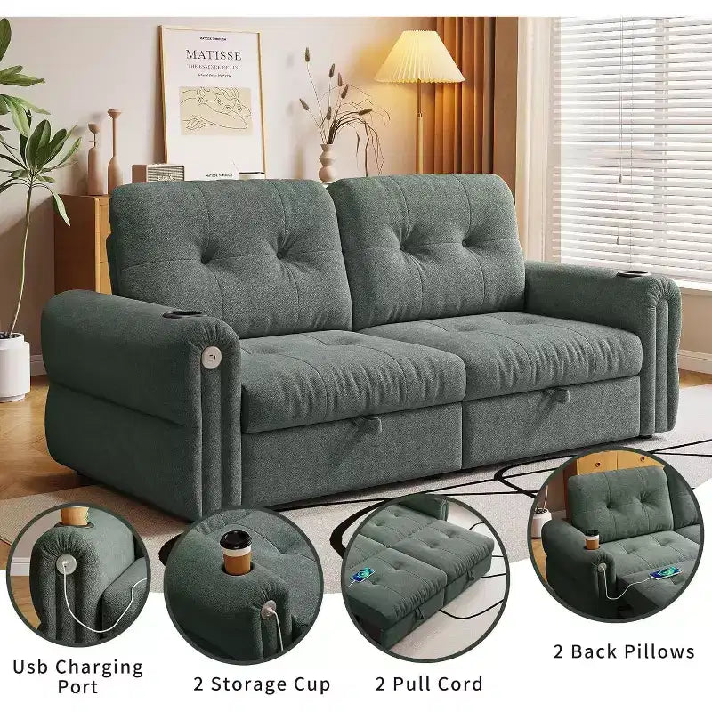 Canapé convertible moderne en chenille 77, canapé-lit escamotable avec port de chargement USB et porte-gobelet, dossier réglable, poches latérales, vert