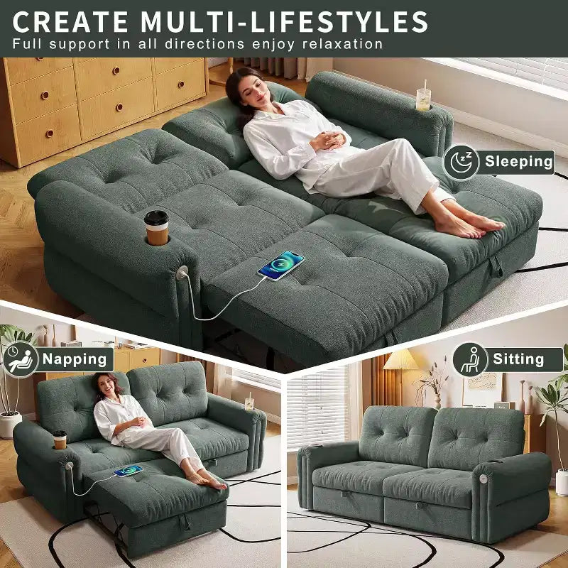 Canapé convertible moderne en chenille 77, canapé-lit escamotable avec port de chargement USB et porte-gobelet, dossier réglable, poches latérales, vert