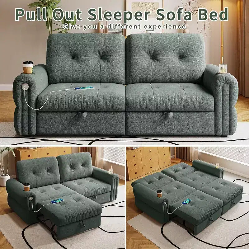 Canapé convertible moderne en chenille 77, canapé-lit escamotable avec port de chargement USB et porte-gobelet, dossier réglable, poches latérales, vert