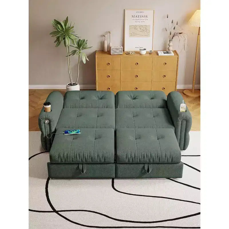 Canapé convertible moderne en chenille 77, canapé-lit escamotable avec port de chargement USB et porte-gobelet, dossier réglable, poches latérales, vert