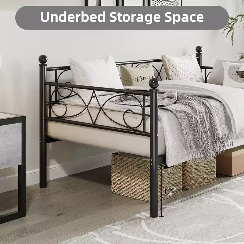 Cadre de lit de repos en métal une place avec espace de rangement et design classique