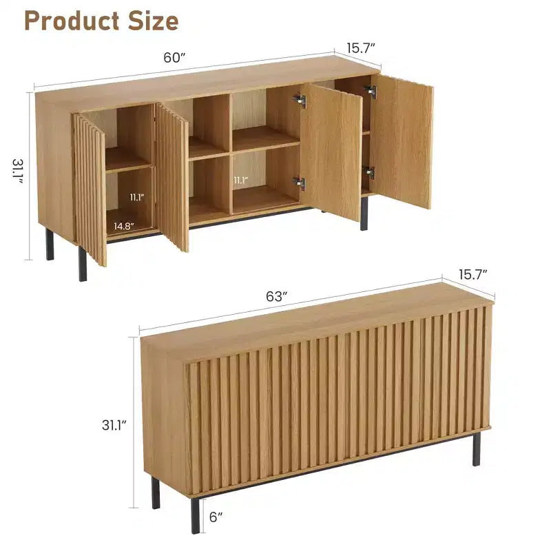 Bahut de buffet cannelé moderne avec étagère réglable, console de rangement en bois, pour salle à manger, salon, entrée, naturel
